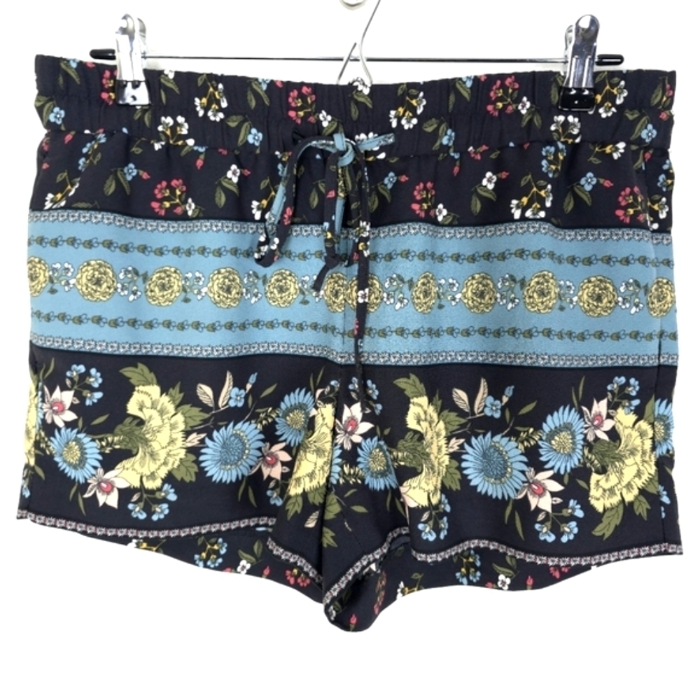 Loft Black Floral Printed tie waist short with side pockets Small